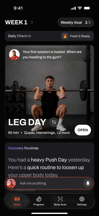 Brace AI home screen showing today's leg day workout