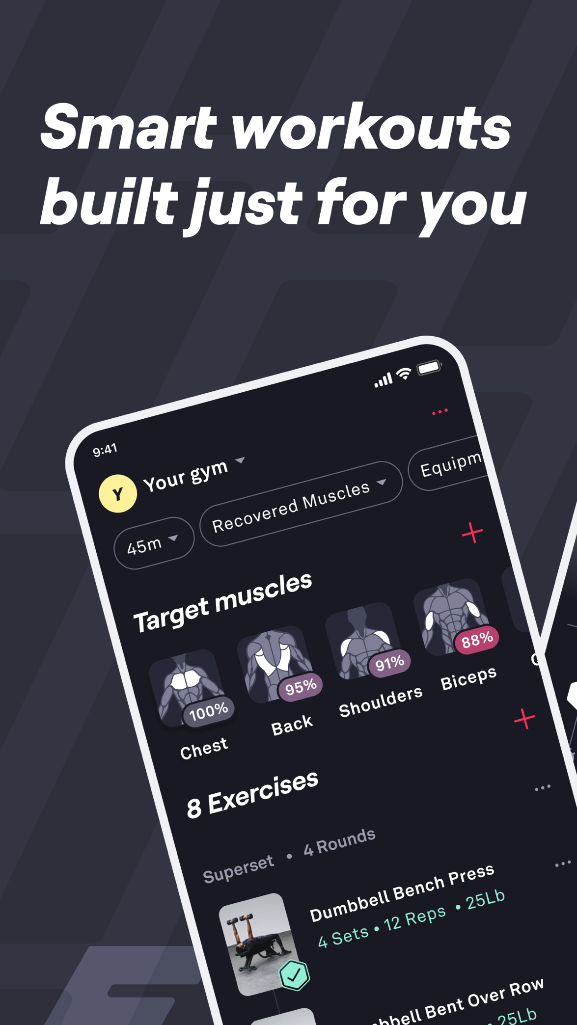 Official App Store screenshot of Fitbod showing smart workouts based on target muscles, recovered muscles, equipment, and generated exercises