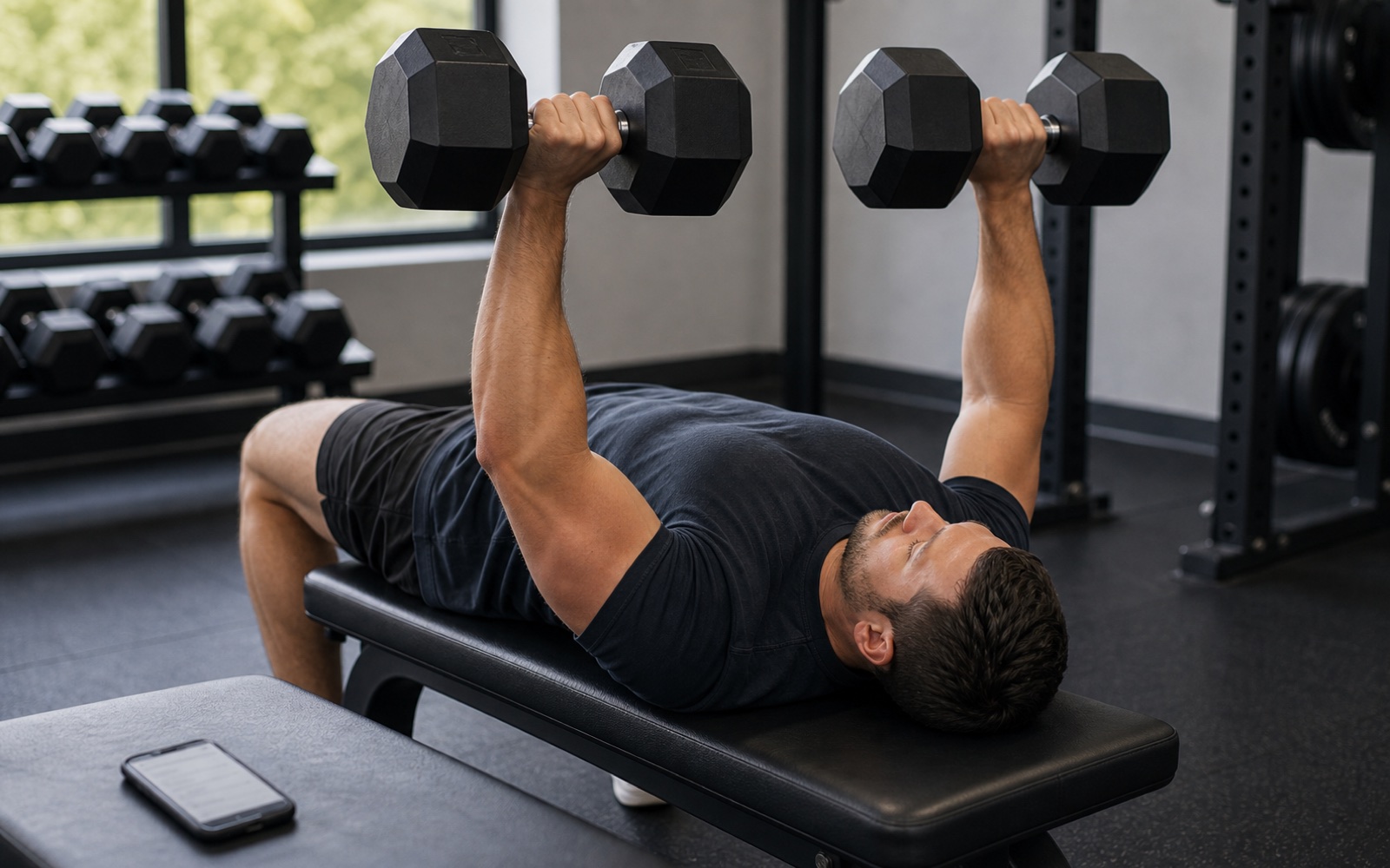 Lifter performing controlled barbell bench press reps