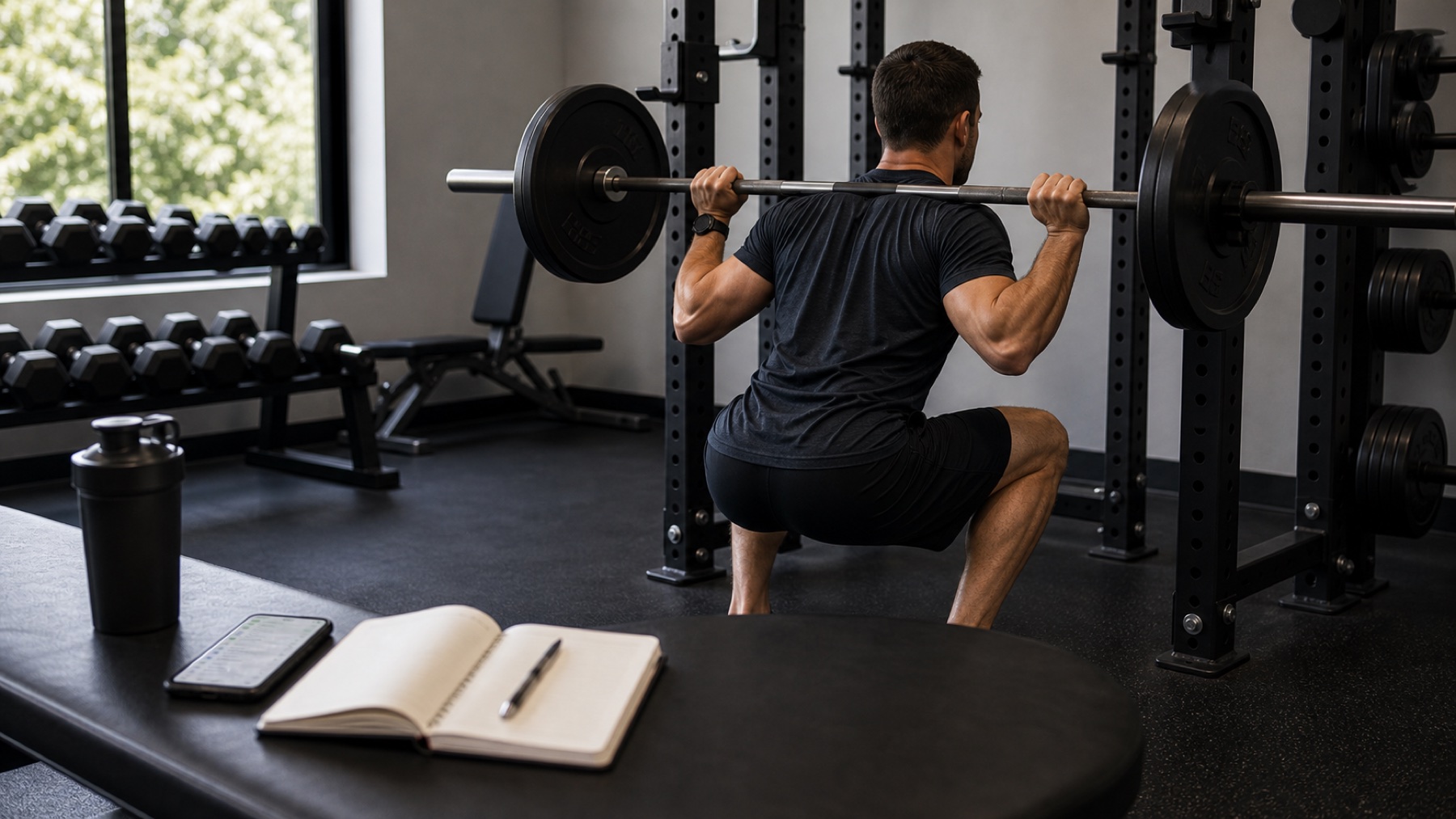 Beginner lifter performing a controlled barbell back squat in a rack